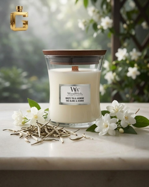 Świeca zapachowa - Woodwick White Tea & Jasmin (85g)