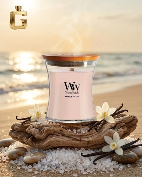 Świeca zapachowa - Woodwick White Vanilla & Sea Salt (85g)